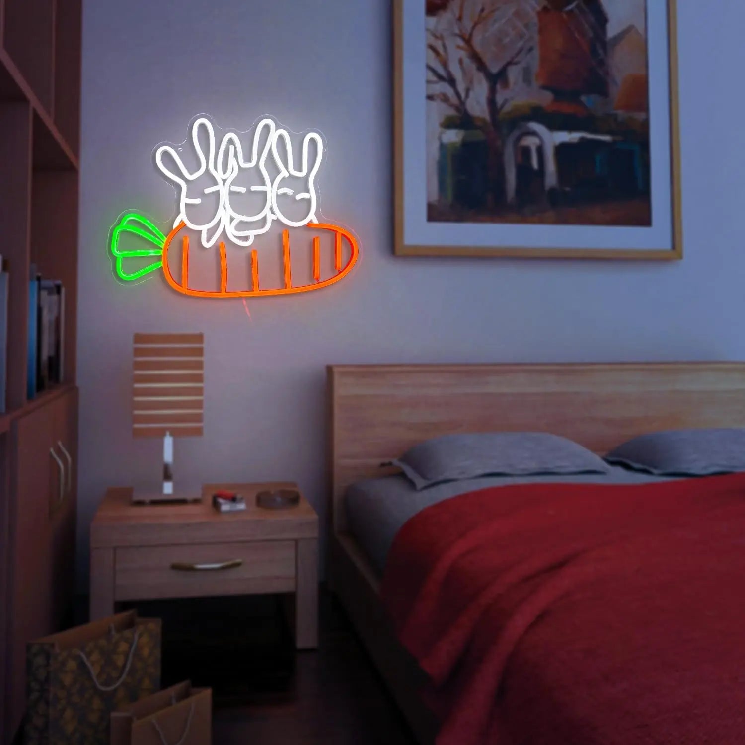 Veilleuse lapin blanc japonais connecté dans une chambre 